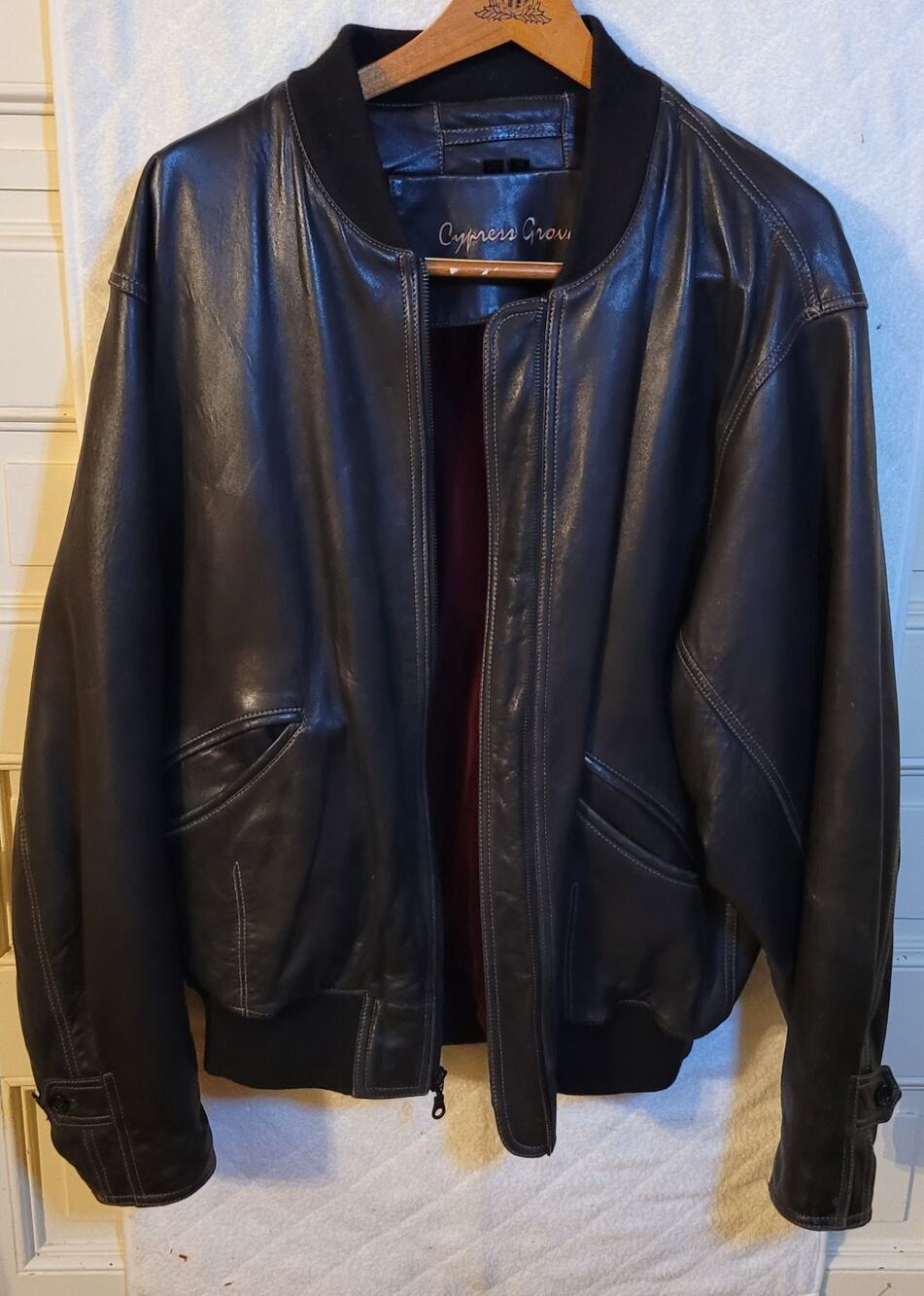 Vintage Men's Leather Bomber Jacket, Medium, Cypress Grove, Black